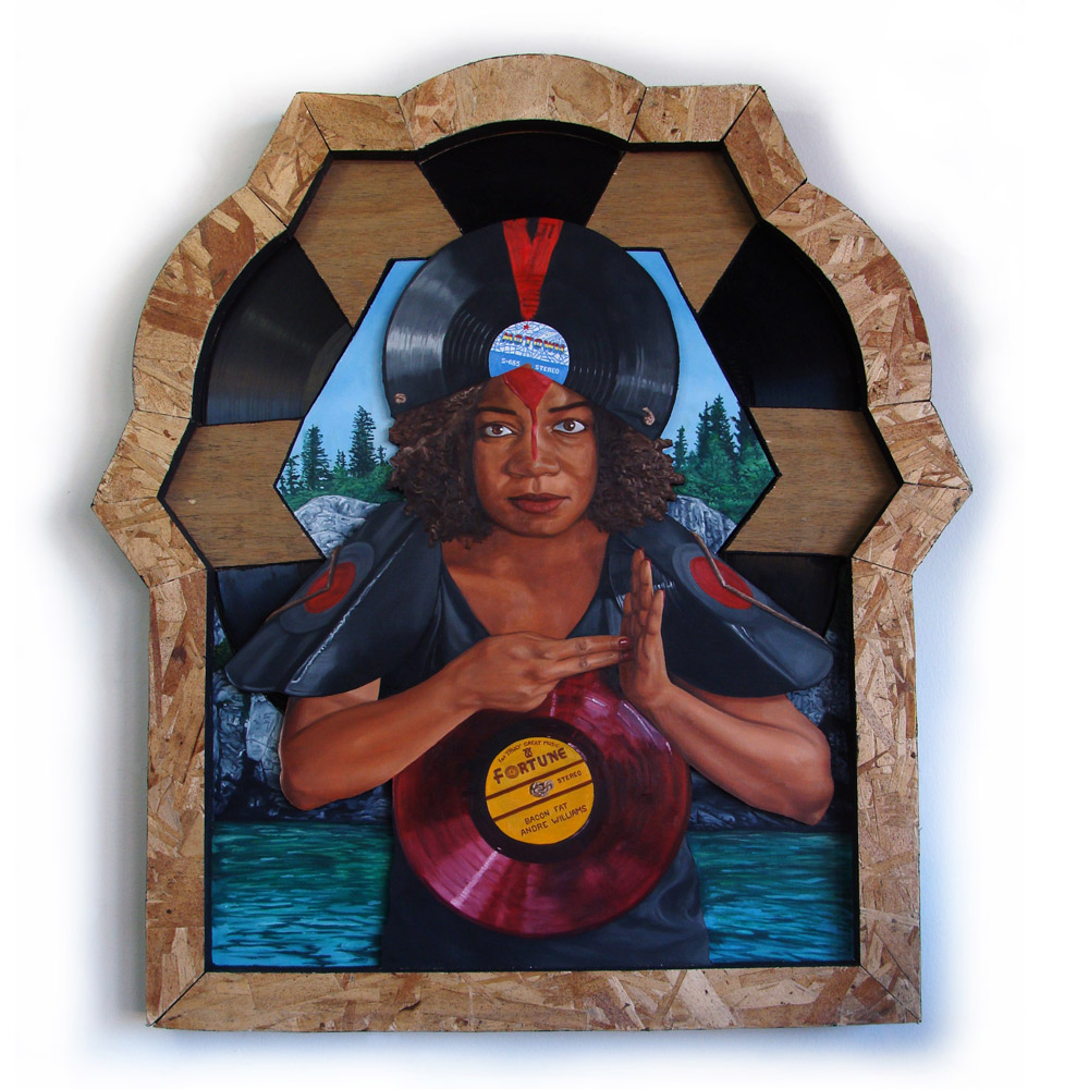 LP Shaman 21" x 27" Oil on Masonite with Found Wood and Vinyl Record Assemblage $950