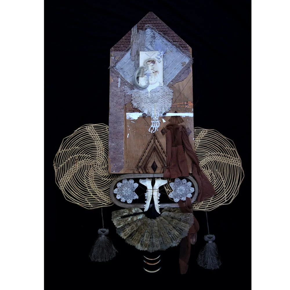 Breath Beneath Rubble 32" x 48" Found Wood Panel, Burning, Copper, Hair, Lace and Textiles, Jaw and other antique Bones, Tassels, Horn, Rawhide Fan, Stockings, Mixed Media on Antique Parlor Portrait $3,500