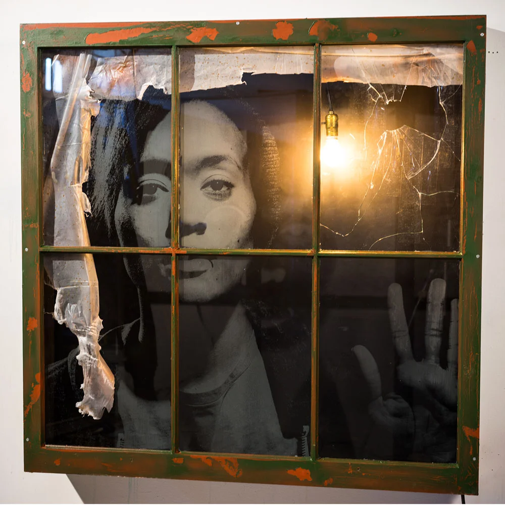 Quae Derelicta 48" x 47.5" Mixed media, Chemically Etched Glass, Found Window, and Light $4,500