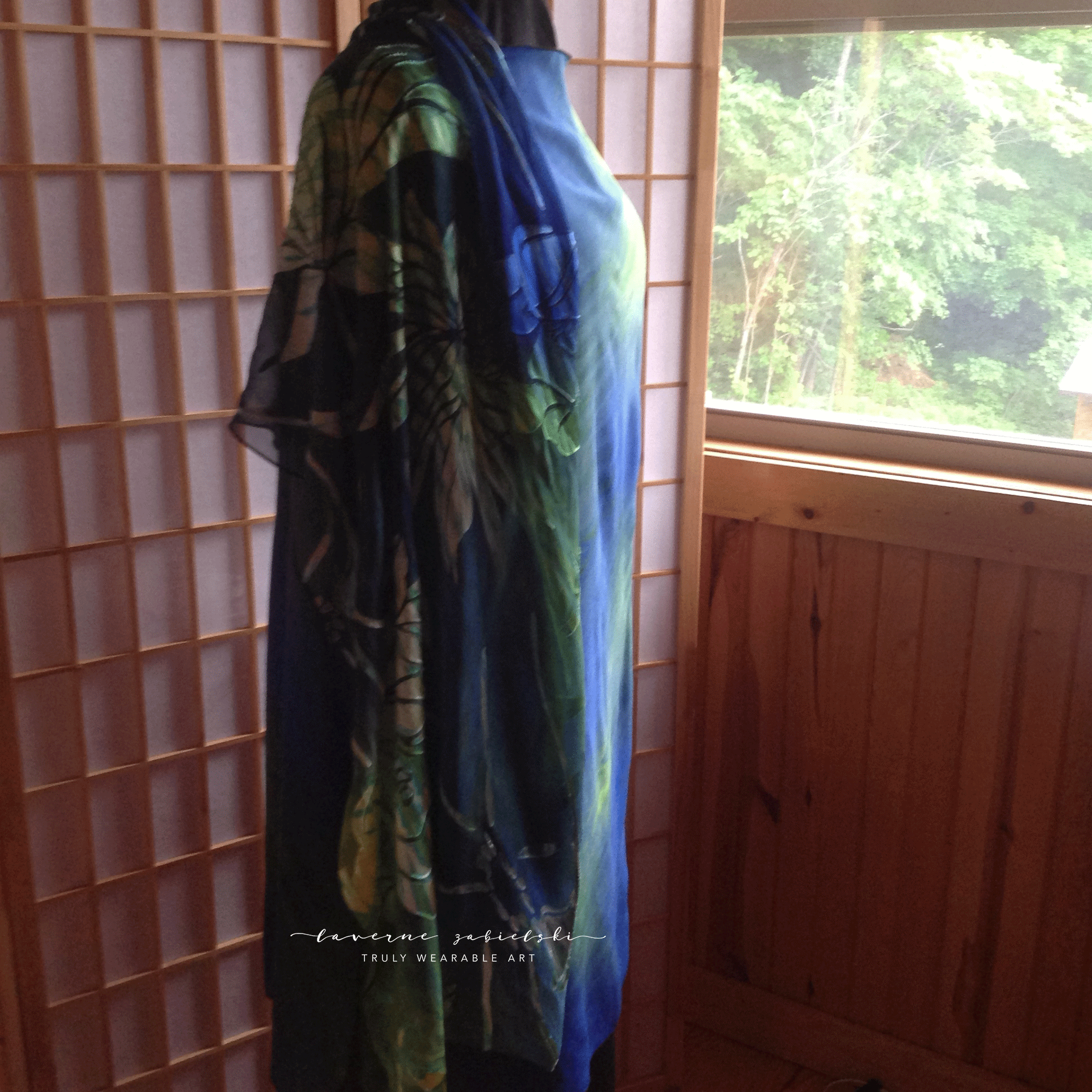Blue green, crepe tuniic with devore shawl