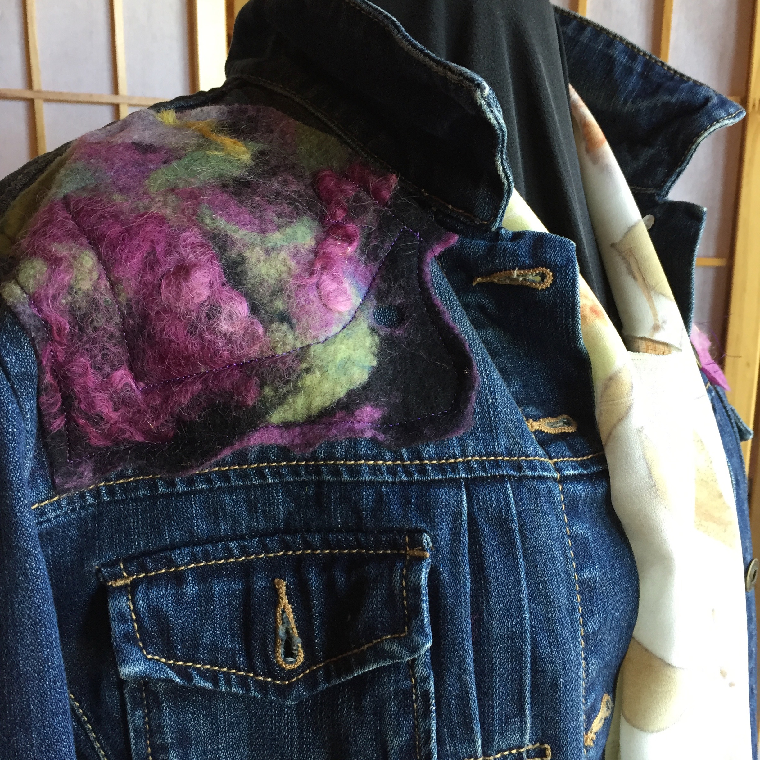 Upcycled jean jacket with felted wool and silk