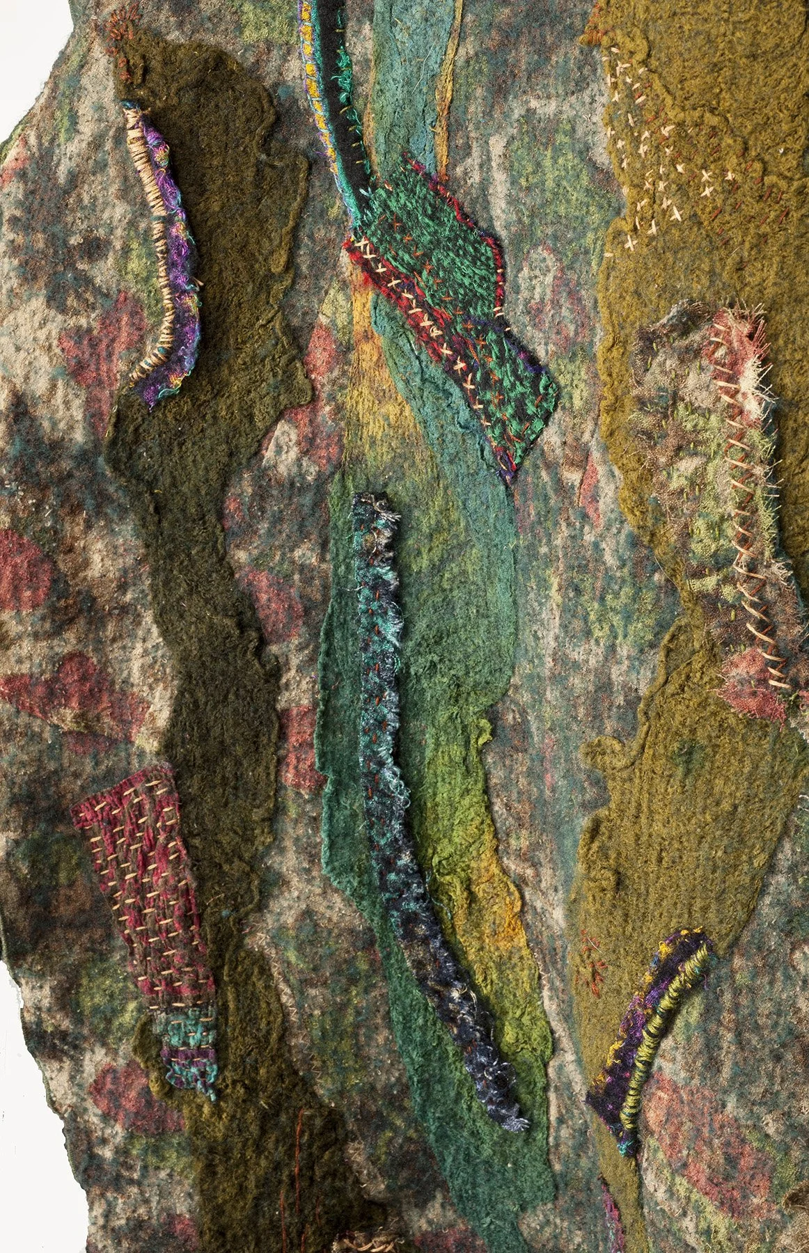 Repurposed Felted Terrain created  using remnants from previously felted wool and fabric and embellishing it with boro inspired stitching.