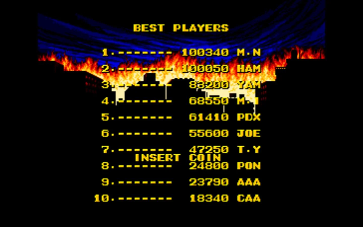 Fun fact: It's hard to find a hi-res version of the Pac-Man high-score screen. Enjoy King of the Monsters for the Neo Geo's instead.