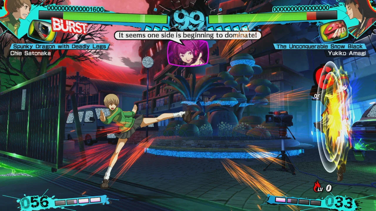 Yukiko's got a weird look going on because she's a "shadow-type" character. They trade attack power for better combo potential, more super meter, and some creepy as hell faces.