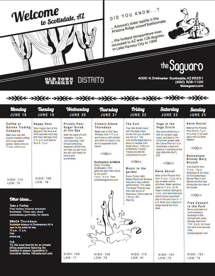 the Saguaro | Weekly in-room things-to-do guide
