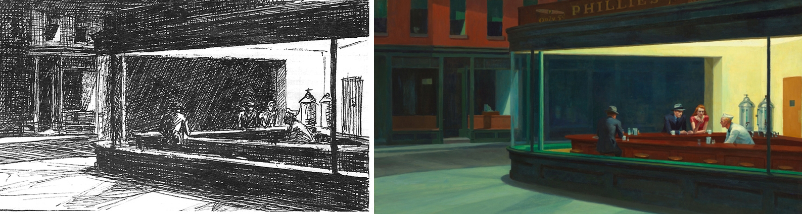 Thumbnail design with ink pen for "Nighthawks" by Edward Hopper