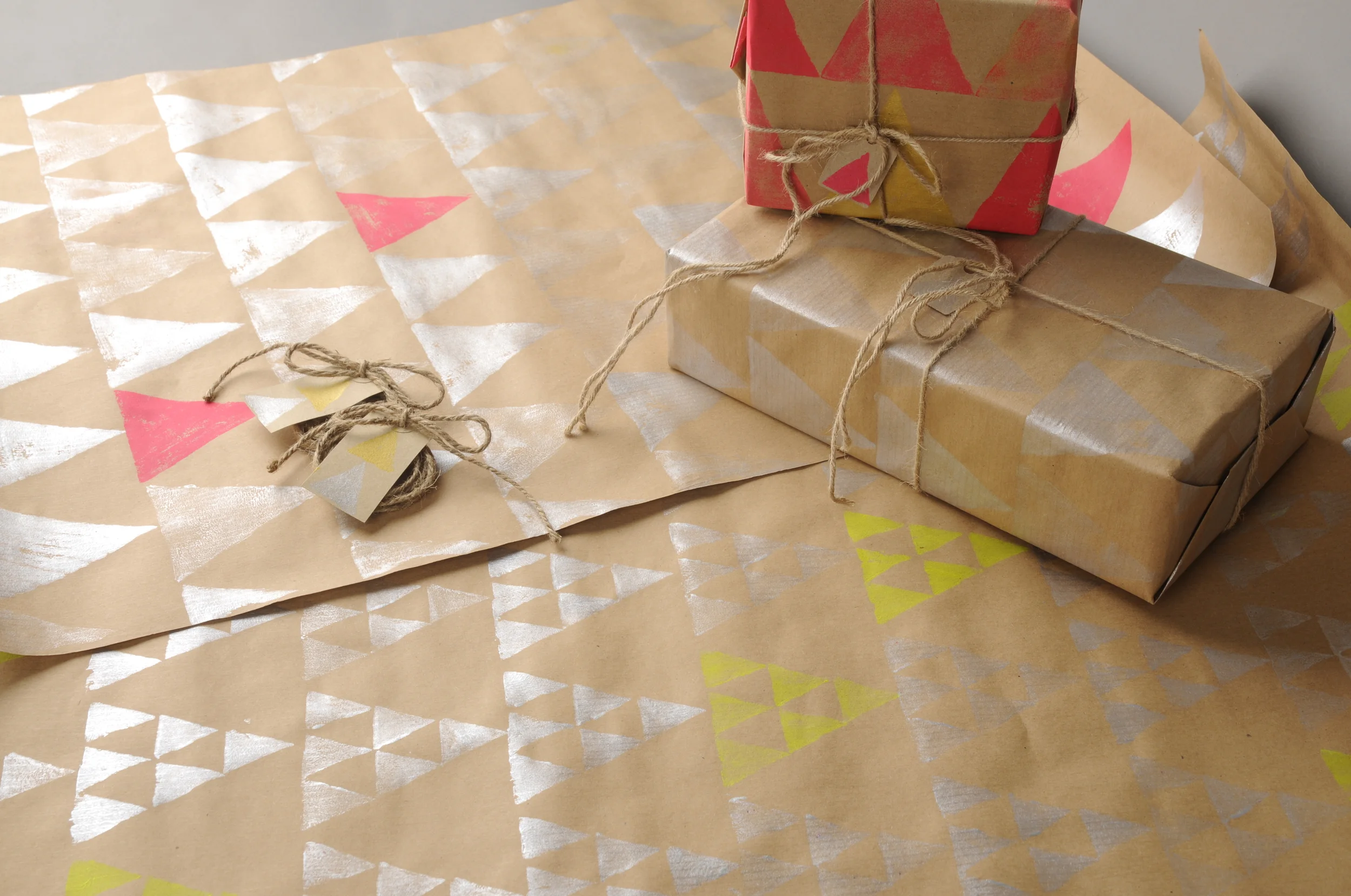 Block printed gift wrap on 90gsm 100% recycled paper with tag £3 per sheet