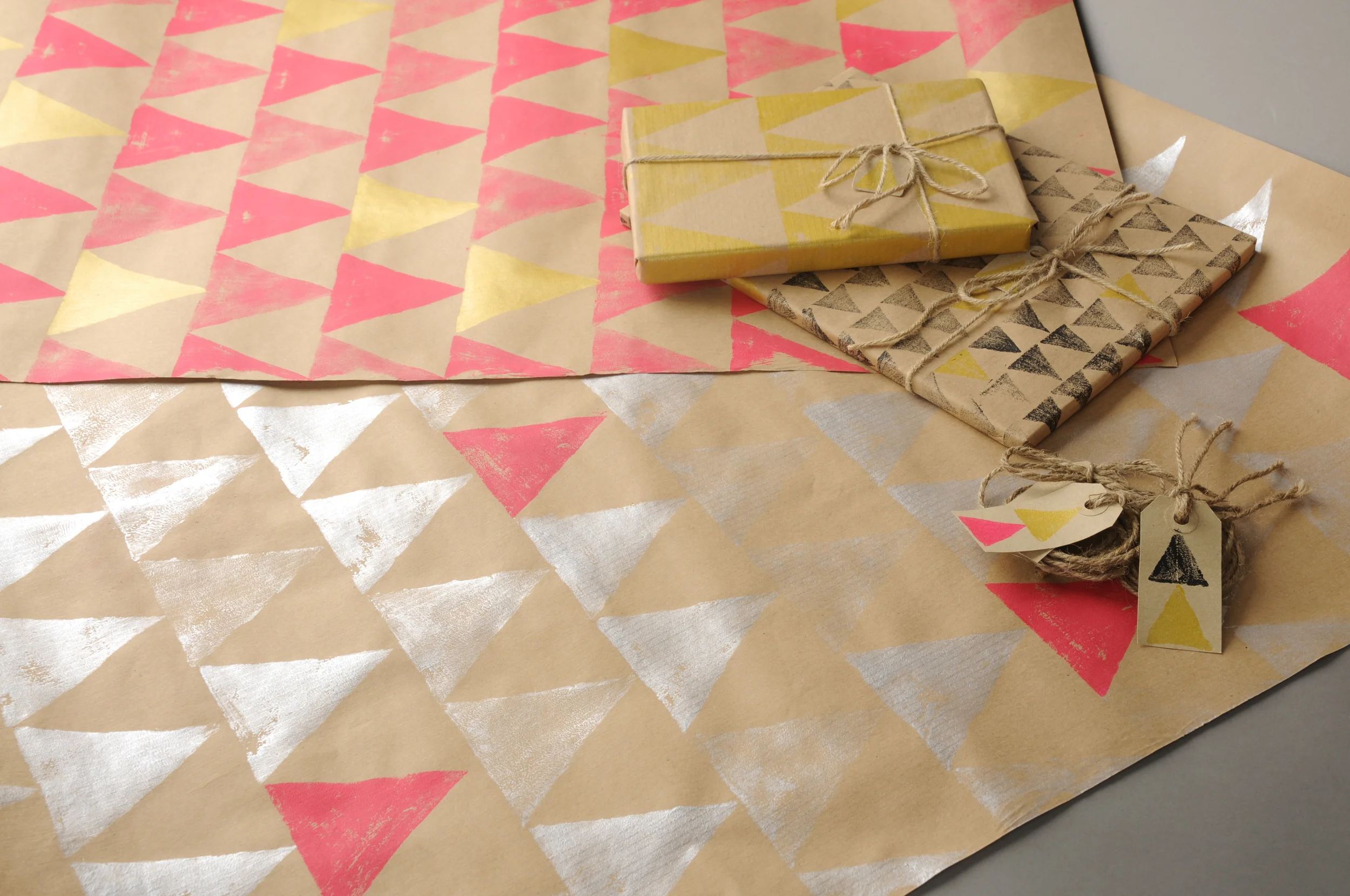 Block printed gift wrap on 90gsm 100% recycled paper with tag £3 per sheet