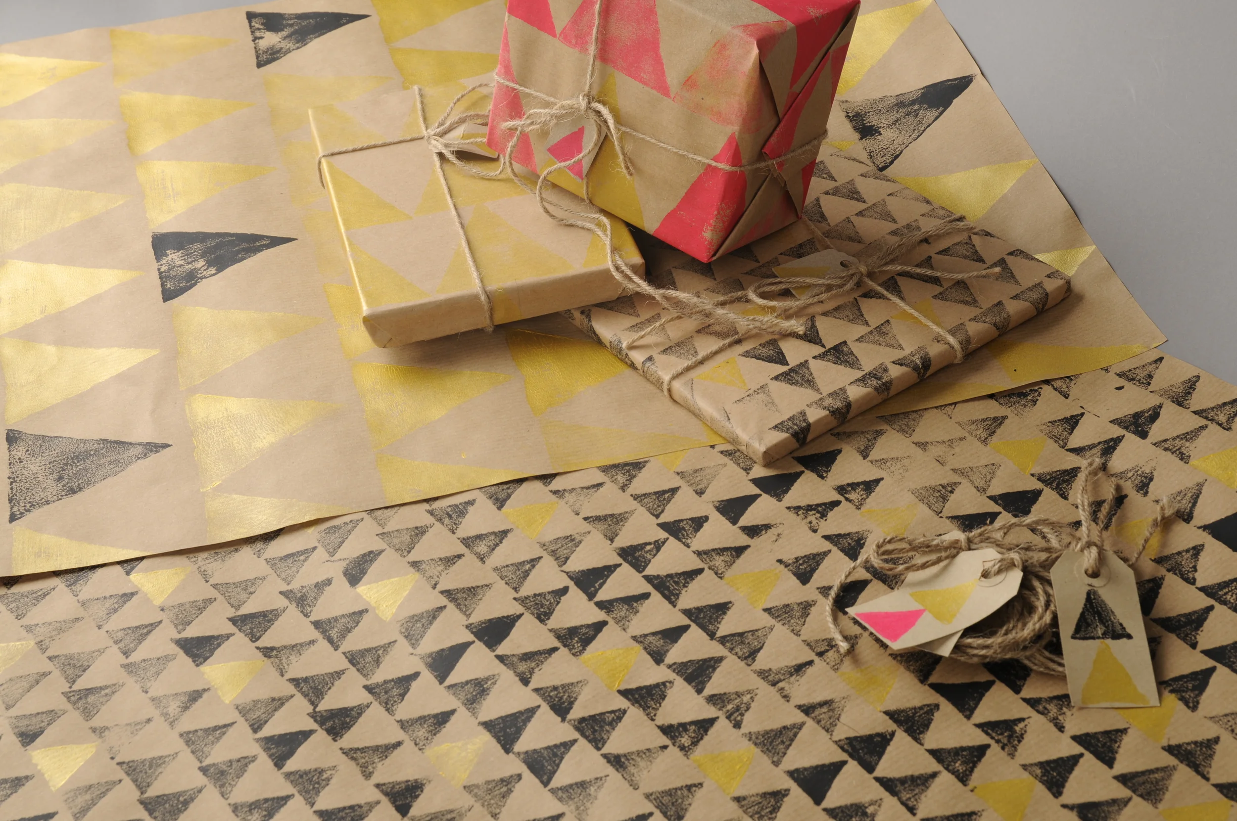 Block printed gift wrap on 90gsm 100% recycled paper with tag £3 per sheet