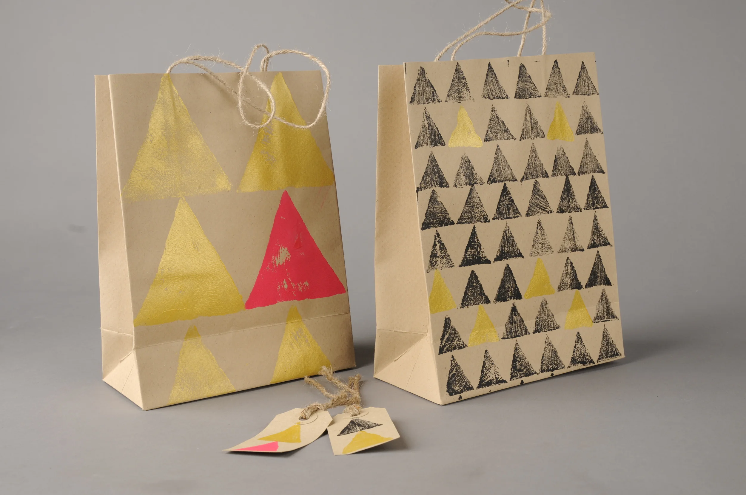 Block printed gift bags on 90gsm 100% recycled envelopes, with tags £4 each 15x12x6cm approx