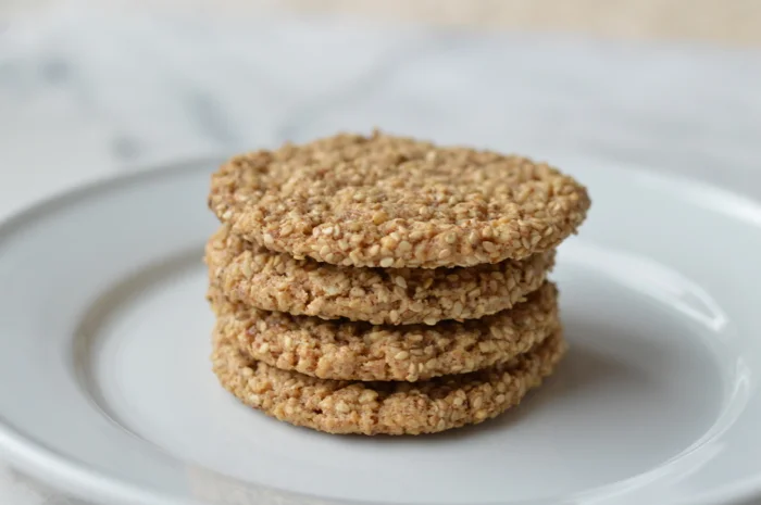 Stack of tahini almond cookies. Refined sugar free and delicious. 