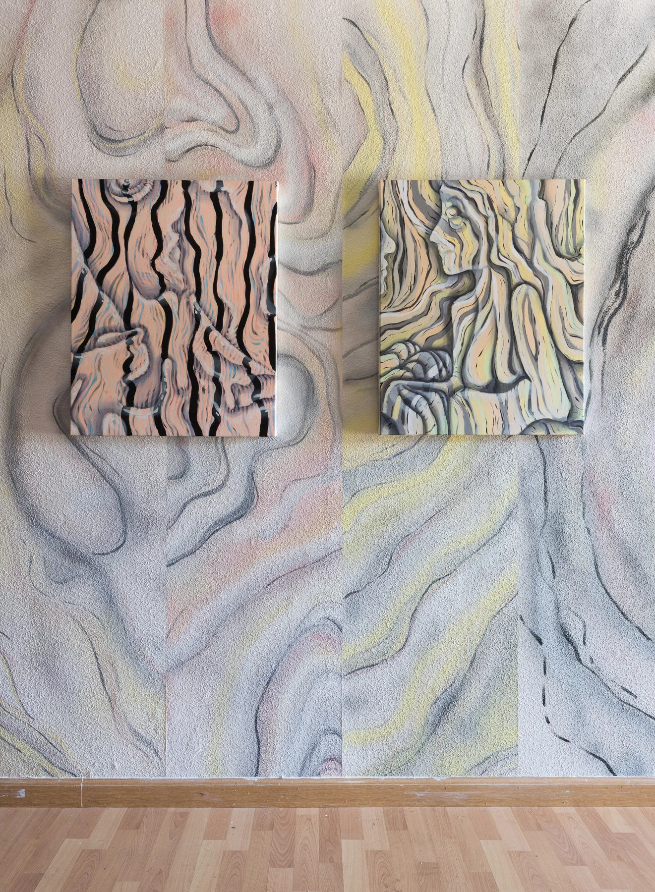   Untitled , oil and acrylic on canvas, 30x24",  Untitled , oil and acrylic on canvas, 30x24", 2015  Paintings installed on hand painted wallpaper 