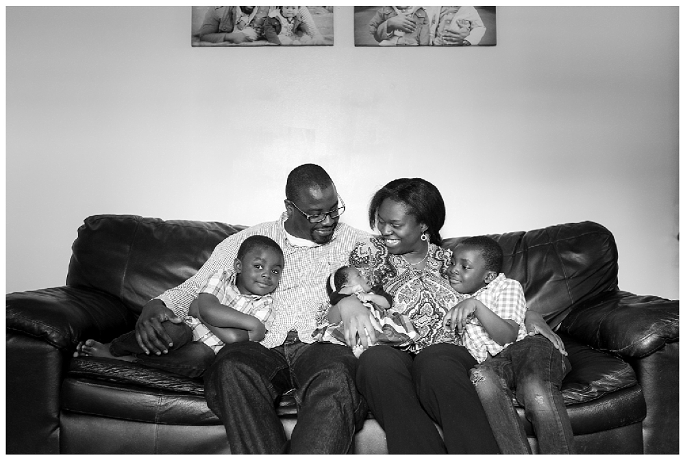 family of five portrait black and white