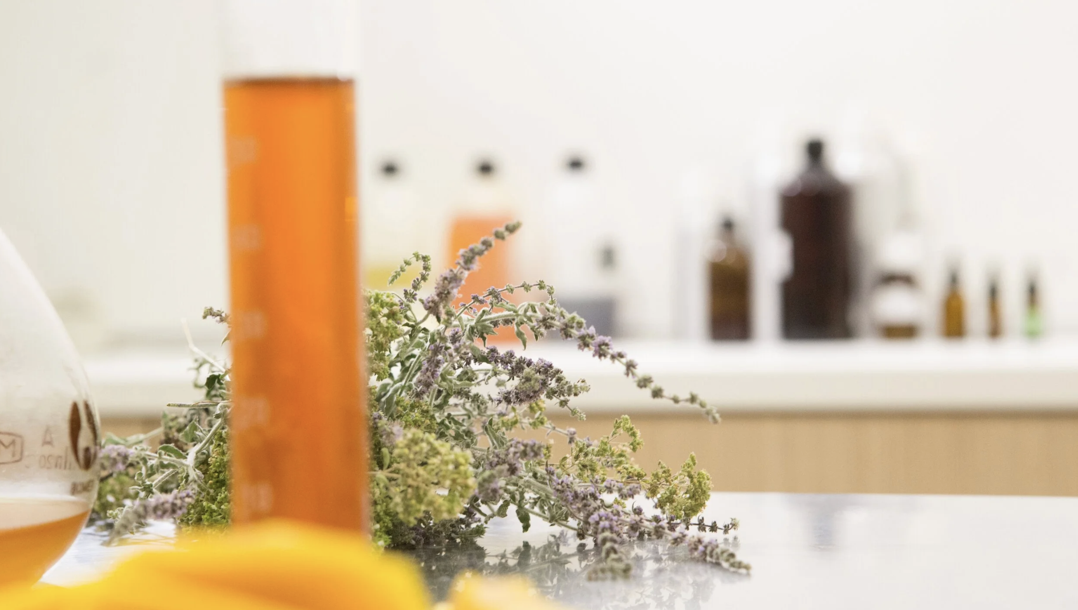 Blurred orange and yellow bottles in the foreground with lavender flowers and a white wall with small containers in the background.