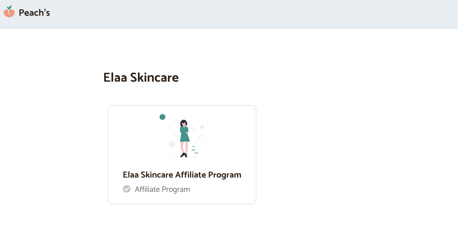 Screenshot of a webpage for Peach's featuring Elaa Skincare Affiliate Program, with a logo, title, and an illustrated woman in a turquoise dress.