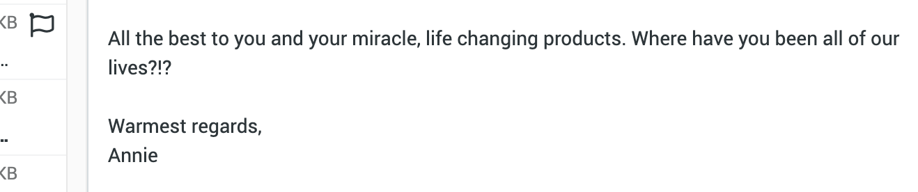 Screenshot of an email message with text expressing excitement, asking about life changes, and signing off with warm regards, from Annie.