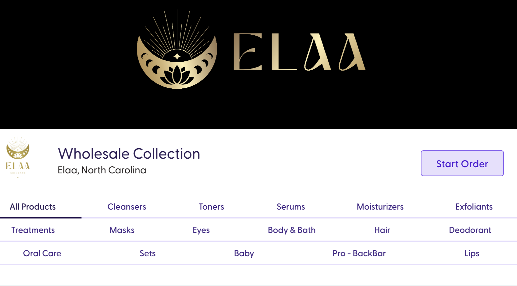 Elaa Skincare wholesale website homepage featuring logo and navigation menu with categories for skincare products, including cleansers, toners, serums, moisturizers, exfoliants, and more, with a 'Start Order' button.