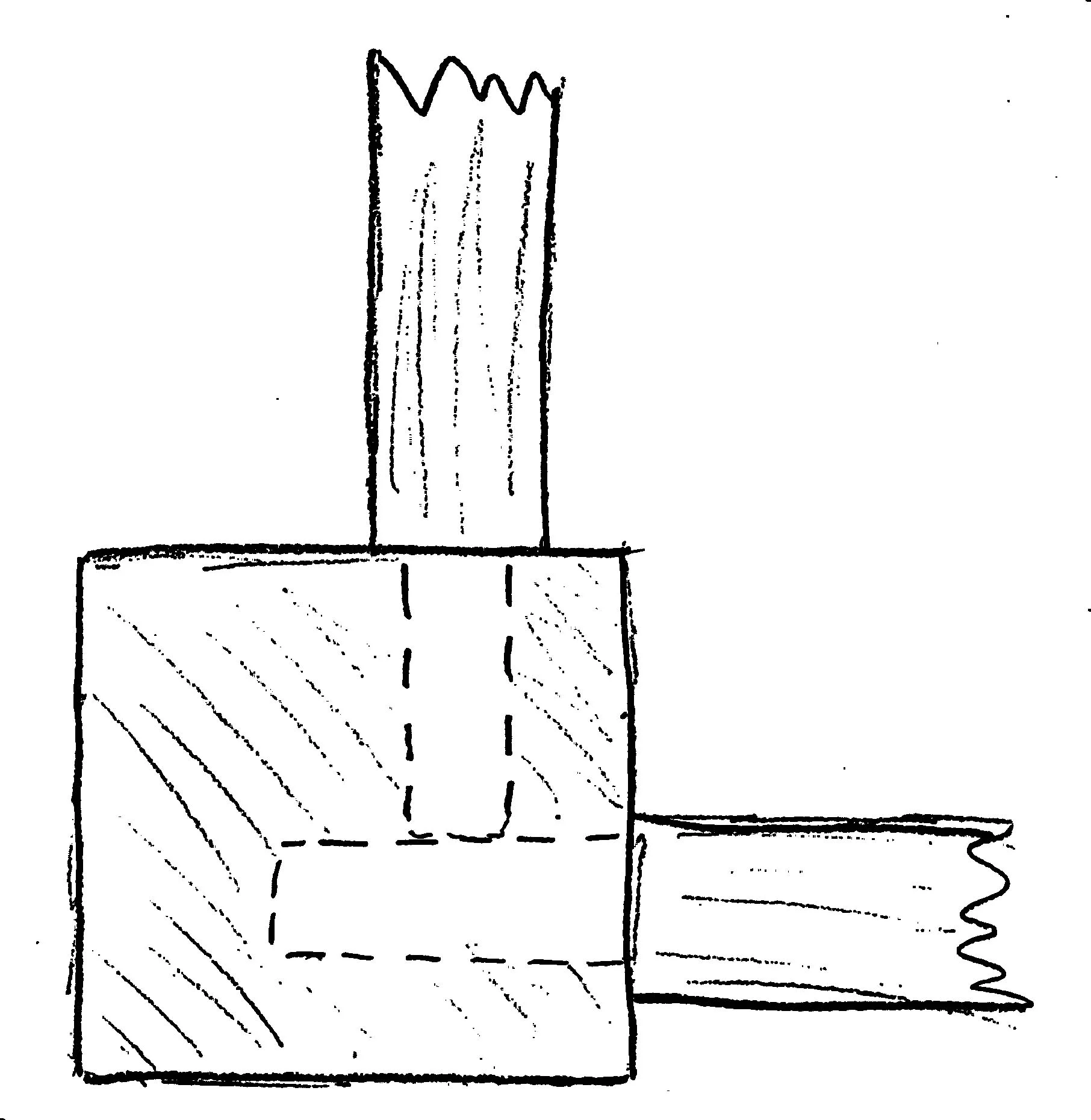top view of a rear leg, showing the two tenons meeting on the inside.