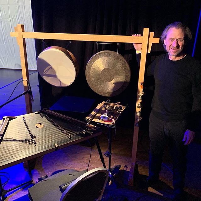 Following a 27&rdquo; haircut after the correct size was figured out, here&rsquo;s the percussion stand and the musician Bill in situ after the performance of Shank&rsquo;s Mare at the Art Institute last week. It did not fall over.