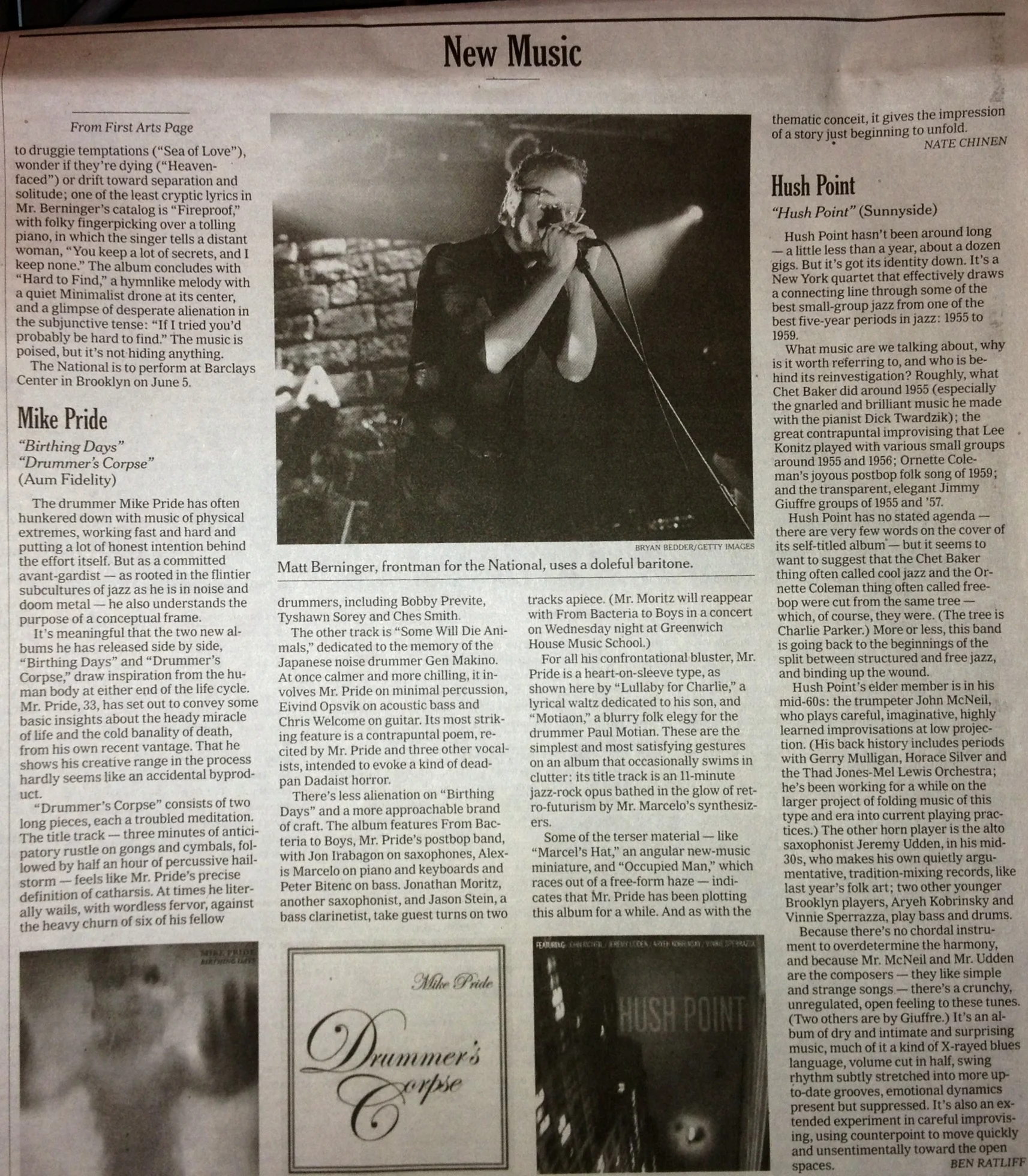 New York Times dual review of "Drummer's Corpse" & "Birthing Days", by Nate Chinen. May 21, 2013.