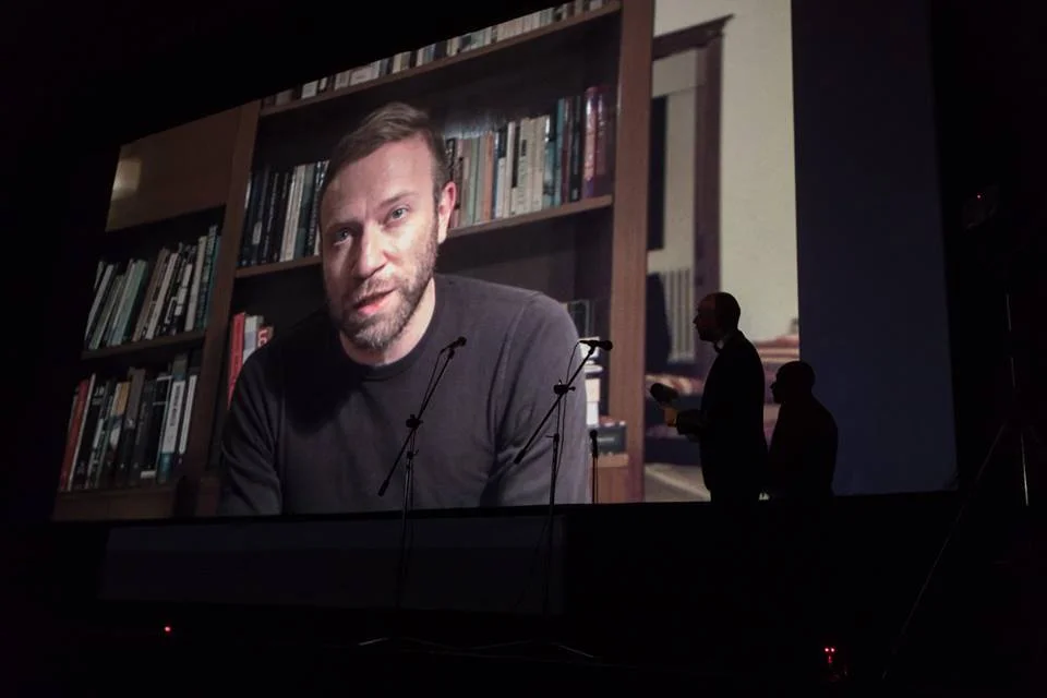 Vatche accepting the Best Fiction Film award via video message from Beirut.&nbsp;