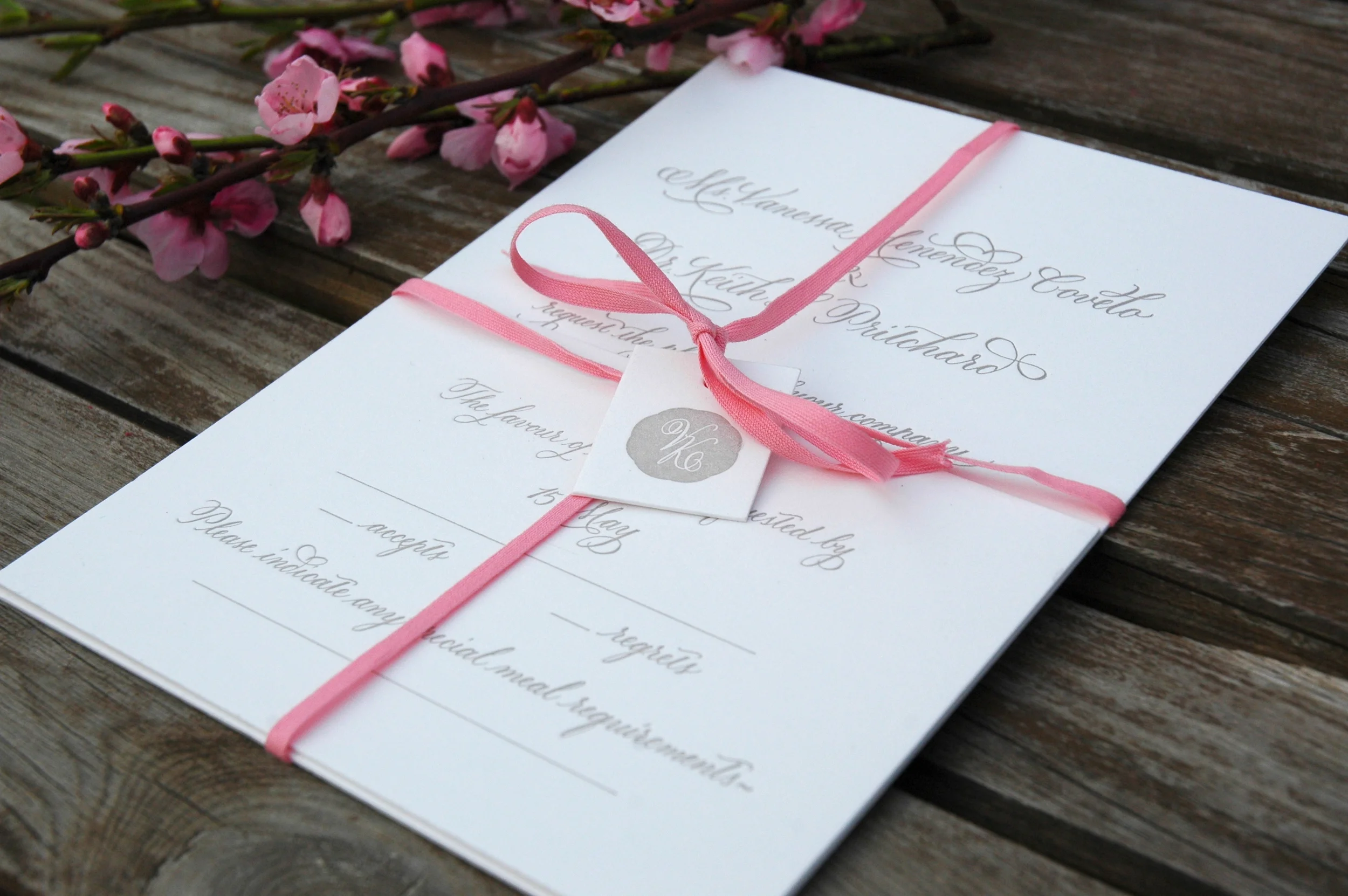 invitation suite in pink and soft grey