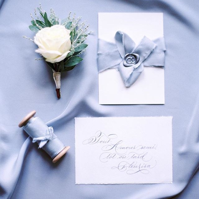 grey blue stationery wedding quotes and silk ribbon, calligraphy by Studio French Blue