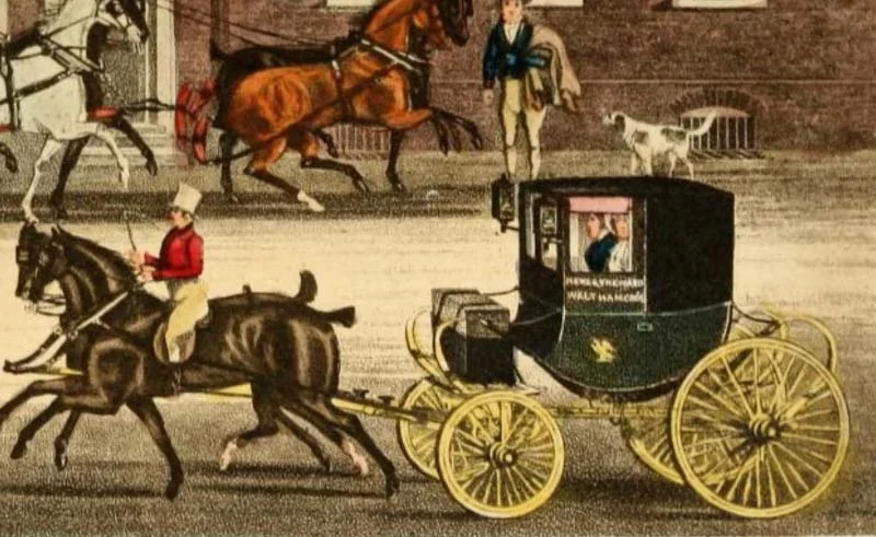 Detail from Pollard, The Mail Changing Horses at “The Falcon” at Walthamstowe , image from The Autobiography of a Stage Coachman , courtesy Archive.org