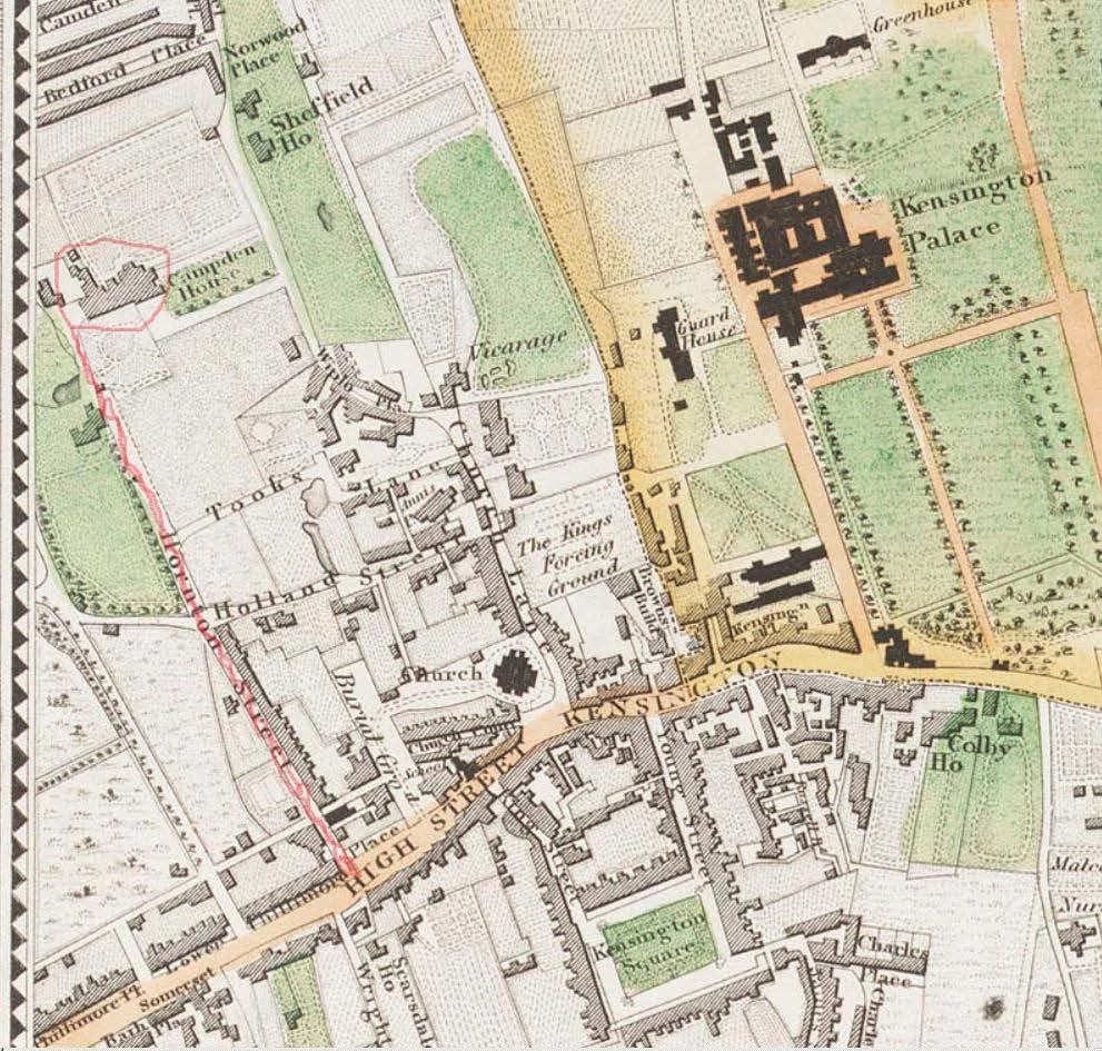 Greenwood Map of Kensington 1830. Red line is Olympia’s and Ripley’s route from Newland House (Campden House)