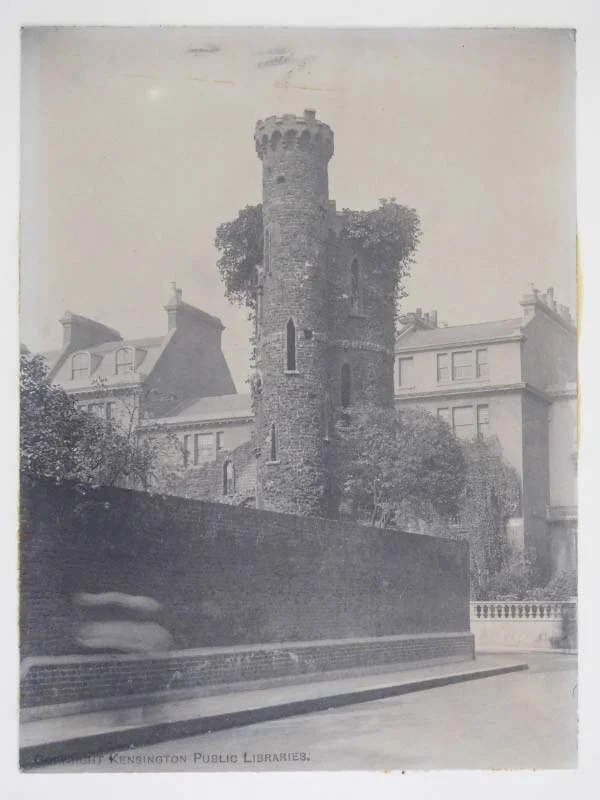 “This photograph from the early 1900s shows the remains of tower that stood in the grounds of Campden House.“— Library Time Machine .