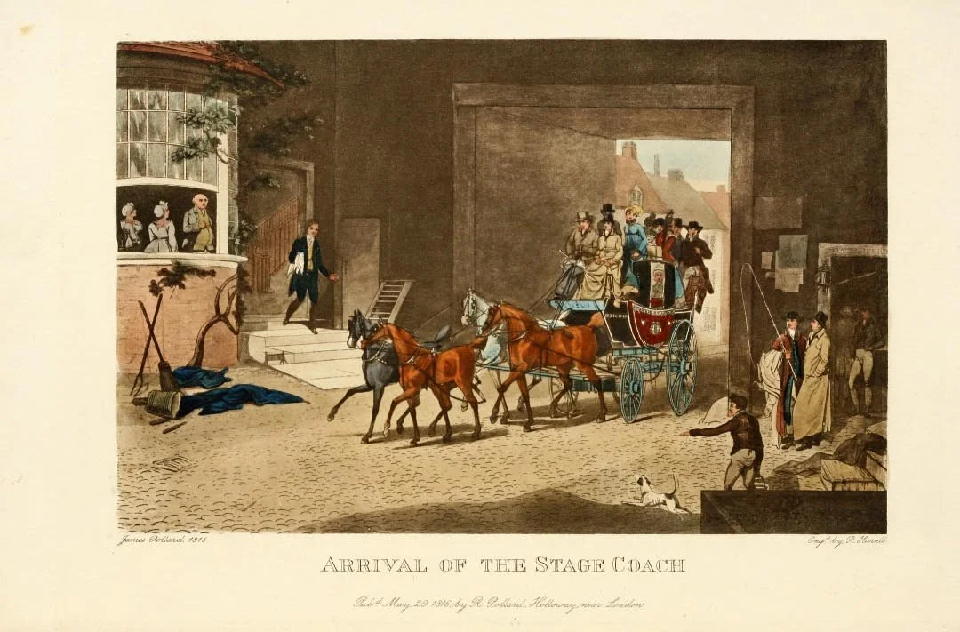 A print by James Pollard  from 1816 called ‘Arrival of the Stage Coach’ depicting a quotidian  Regency scene with prancing horses, people waiting for the coach, and merchants.