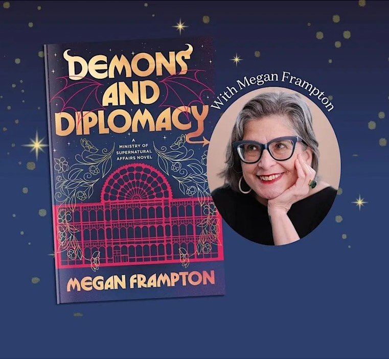 An image of author Megan Frampton beside her new book, Demons and Diplomacy, advertising her chat at Lovestruck Books & Cafe in Cambridge, Massachusetts.