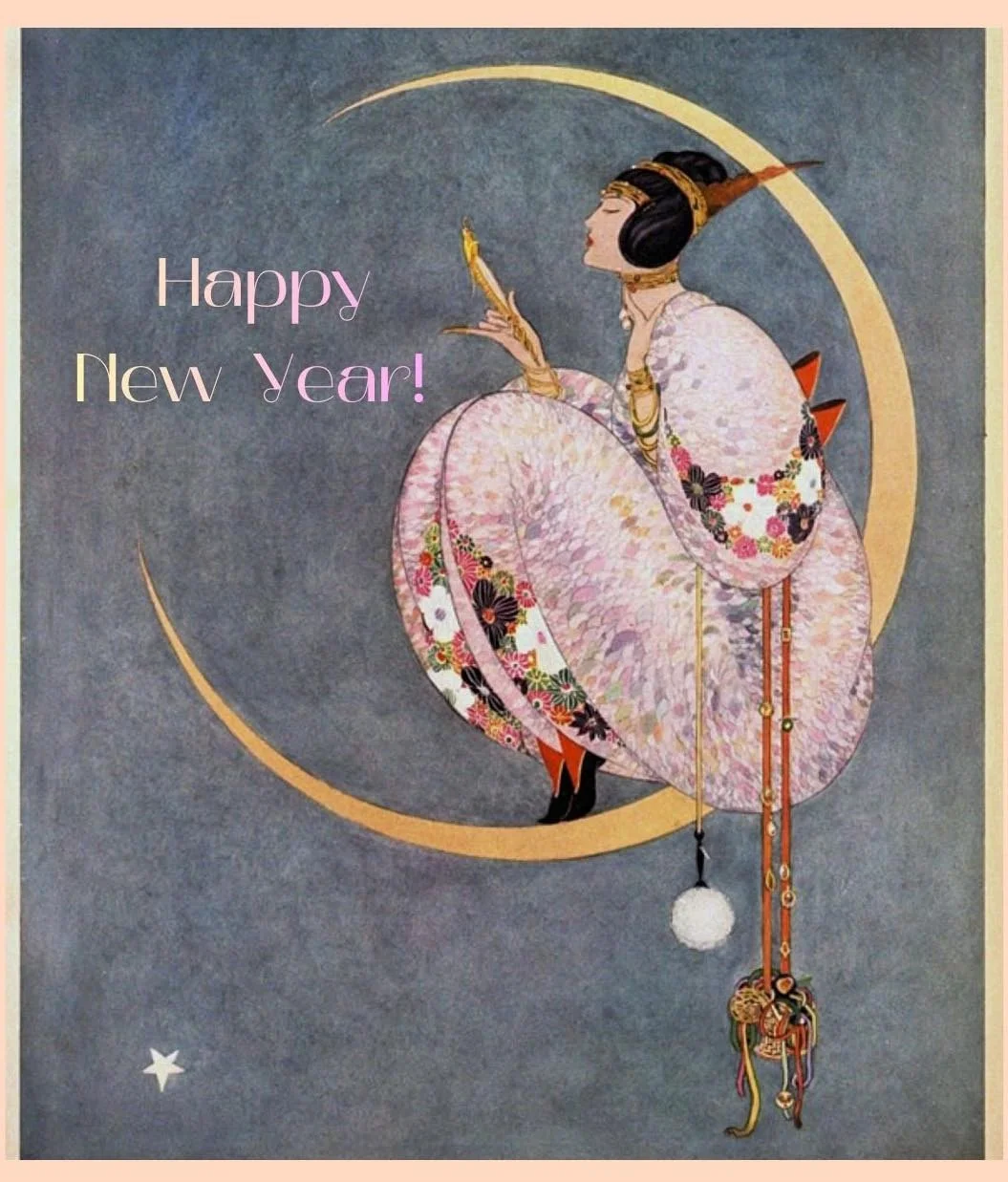 Woman sitting on sickle moon, with Happy New Year text