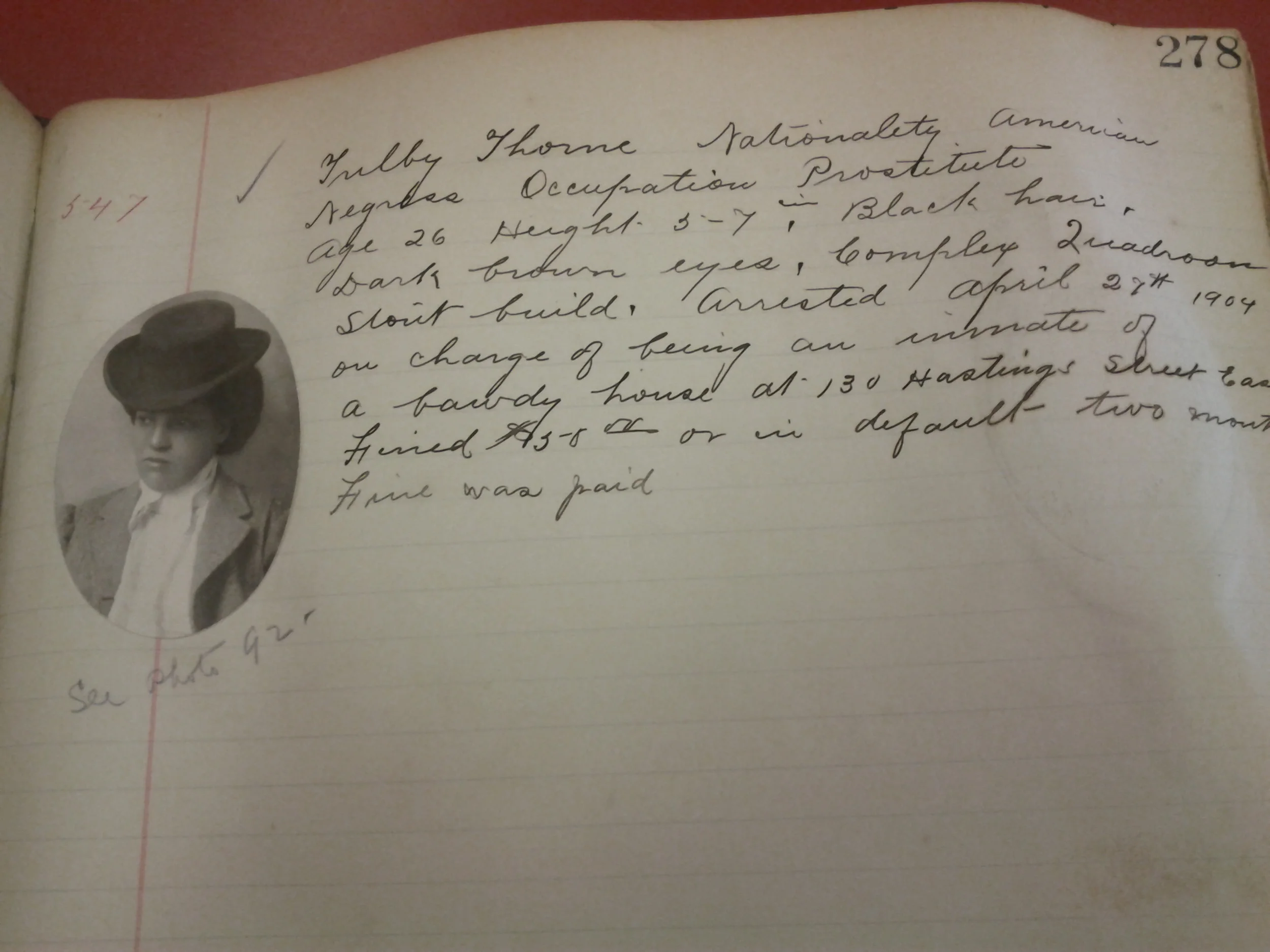 Trilby Thorne arrested 1904 for being "an inmate of a bawdy house." Rogues Gallery, Vancouver Archives.