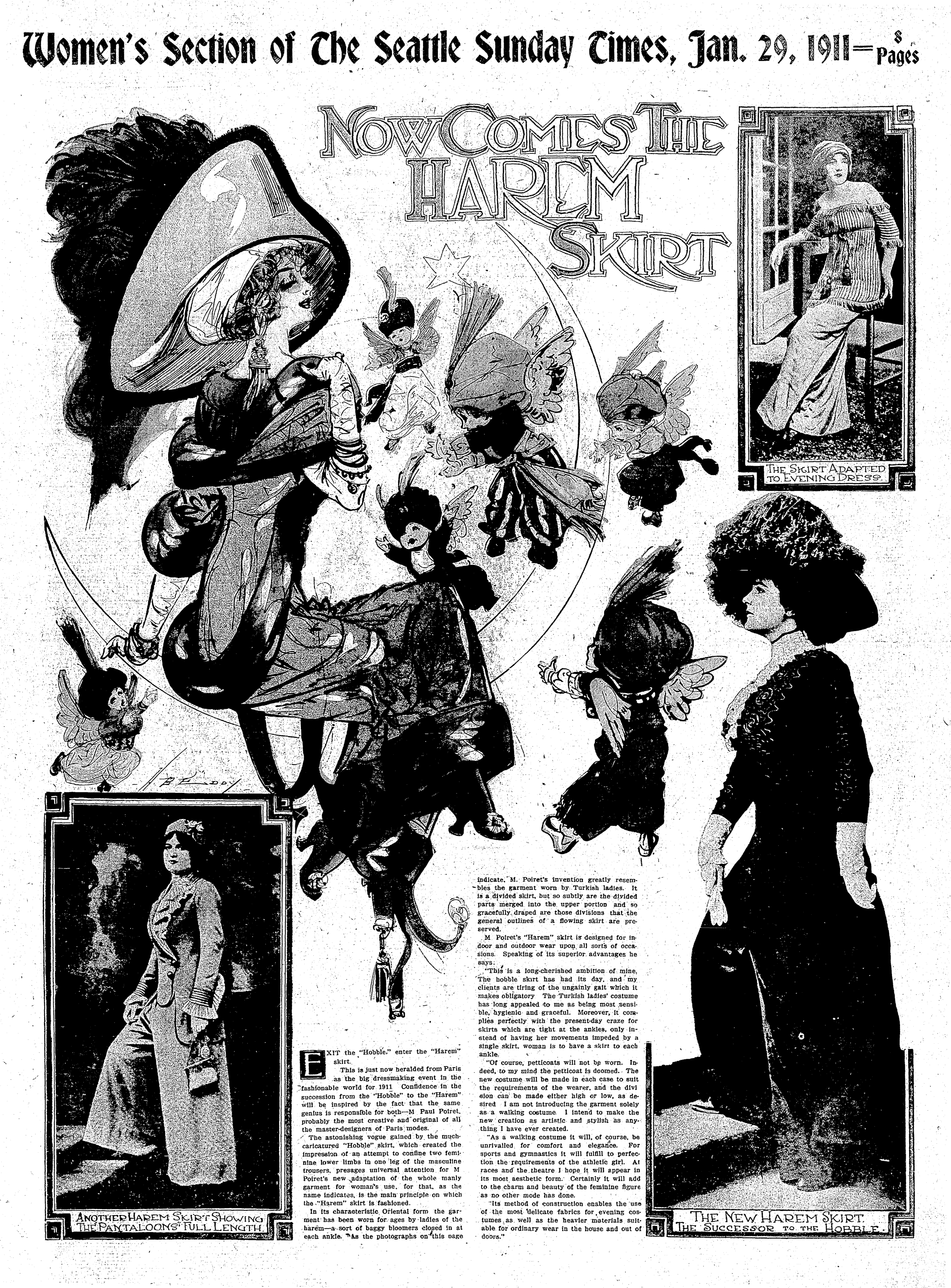  The Seattle Daily Times introduced the latest fashion in a full-page spread in the “women’s section” in January of 1911. 