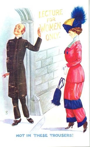 Cartoons and postcards from the 1910'S poked fun at the Harem skirt and the craziness that ensues when women dress like men.