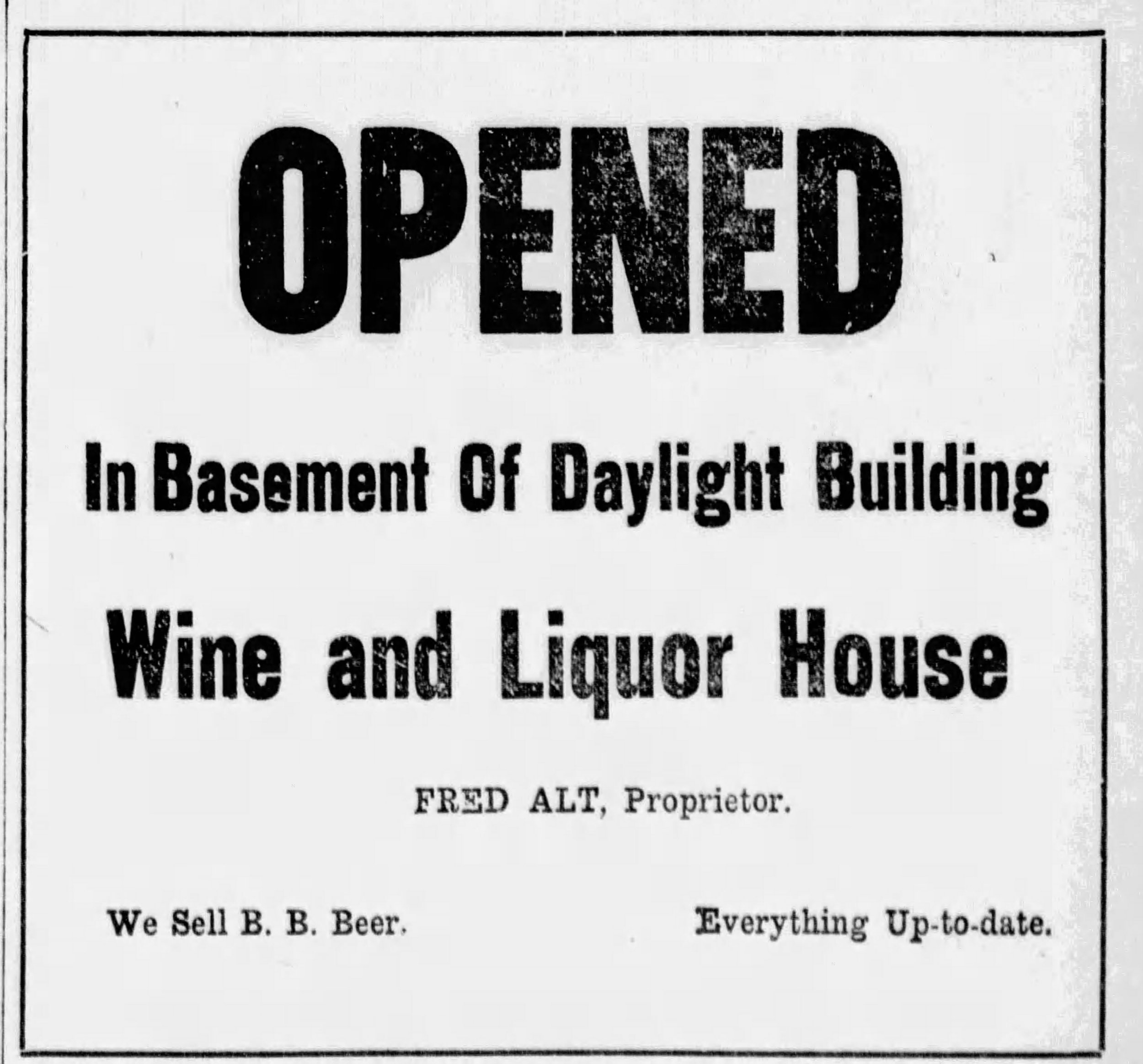 Ad for Alt's Bar, 1907