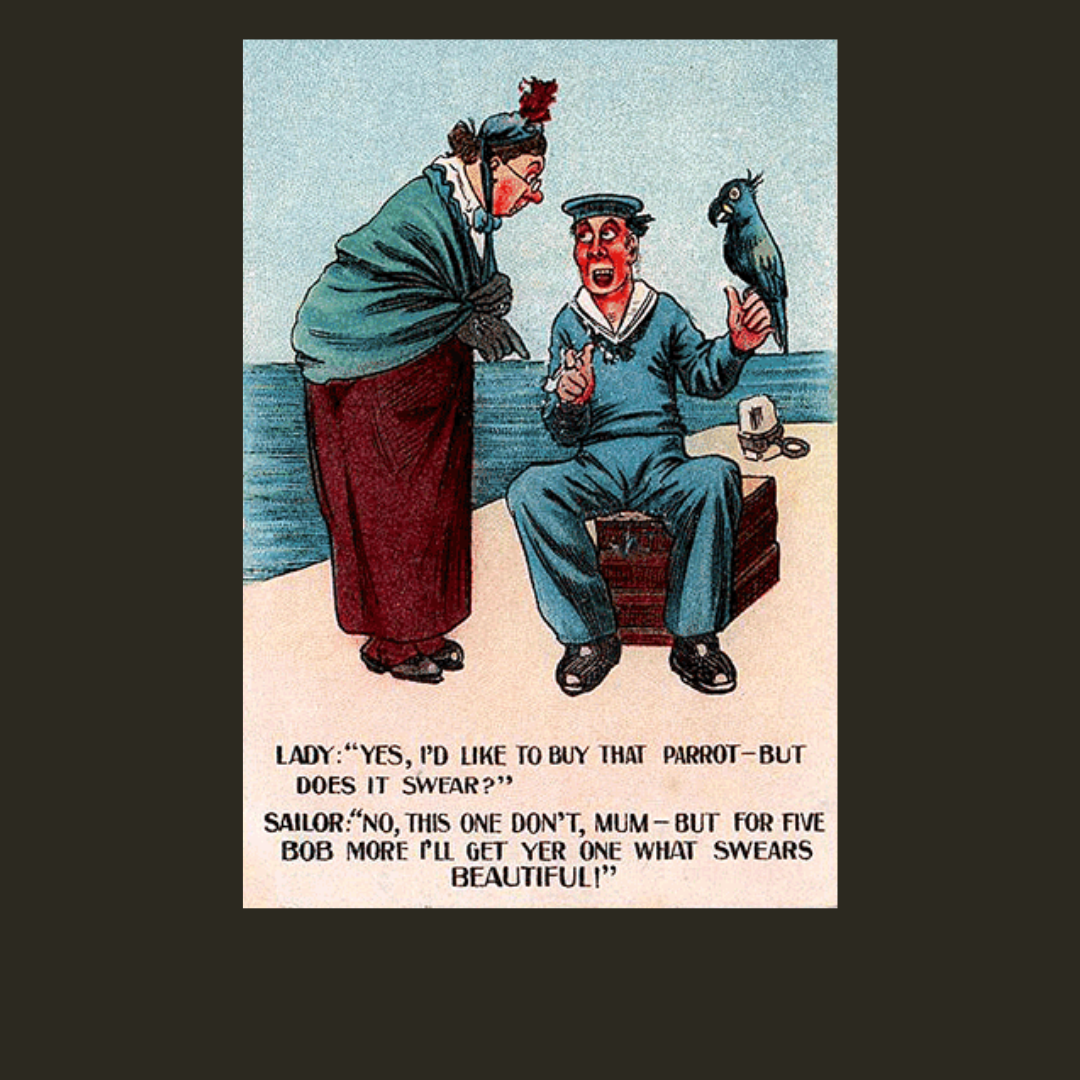  Lady:  “Yes, I’d like to buy that parrot - but does it swear?”  Sailor:  “No, this one don’t, mum - but for five bob more I’ll get yer one what swears beautiful!”  