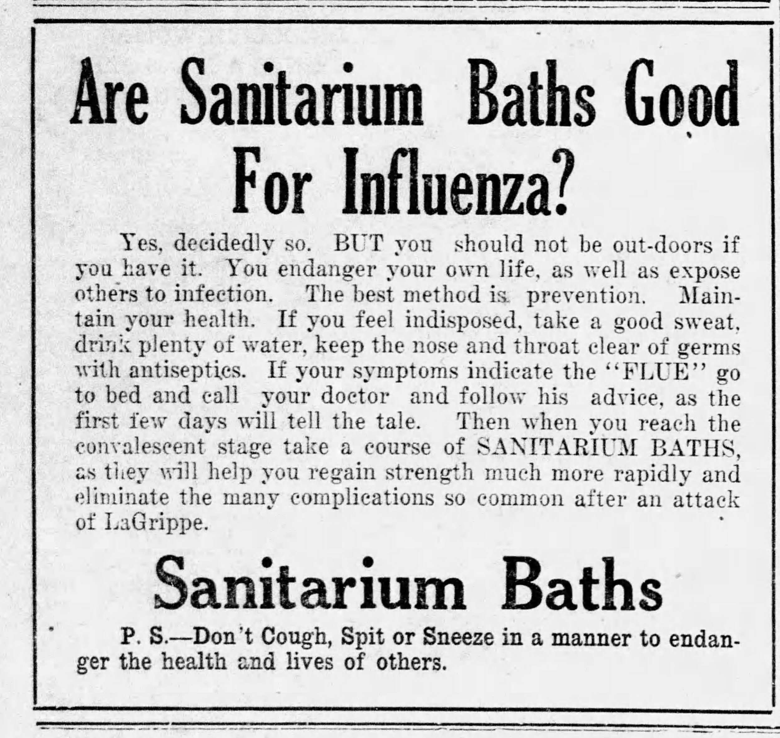 Are Sanitarium Baths Good for Influenza? advertisment