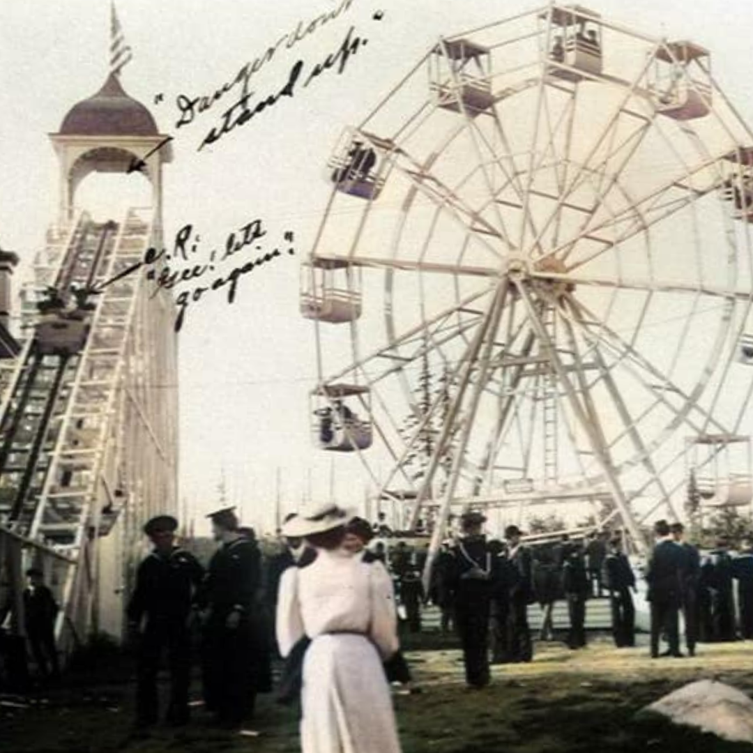 Postcard view of Ferris Wheel and Roller Coaster