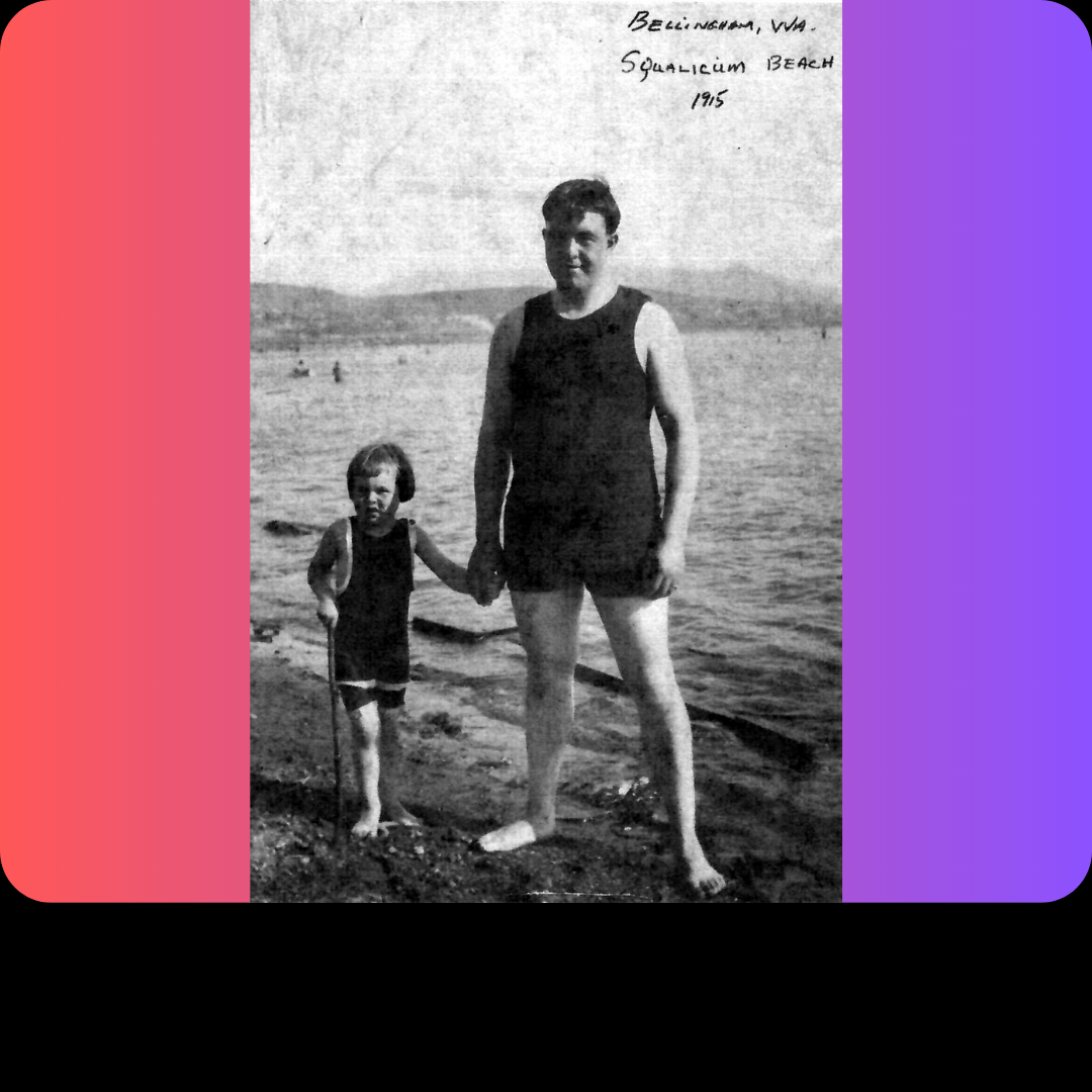 1915 photo of Helen Harlow and father Arthur at Squalicum Beach, 1915