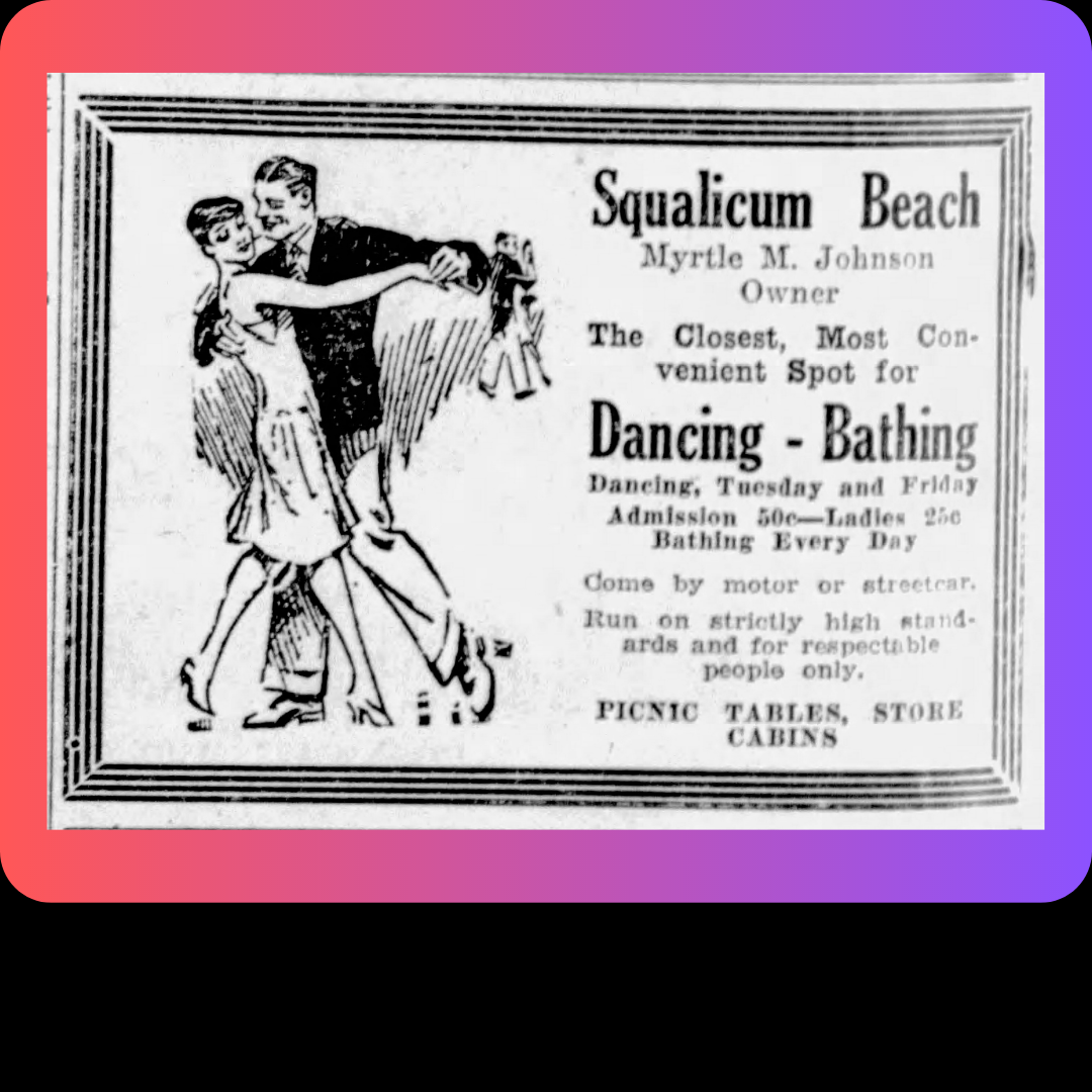 Squalicum Beach ad 1929, Myrtle M. Johnson, owner