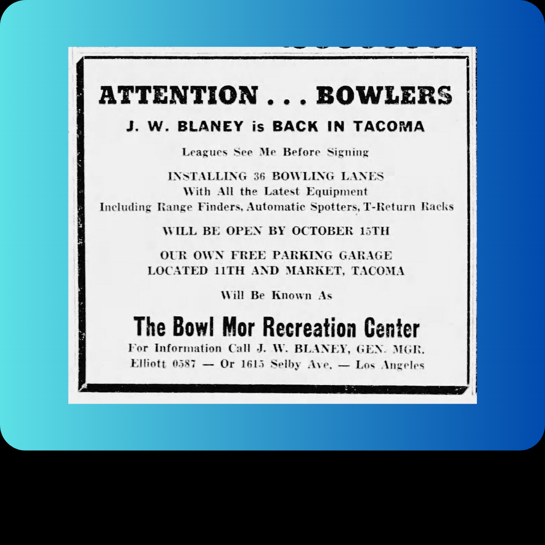 1955 Ad for Blaney's "Bowl Mor Recreation Center"