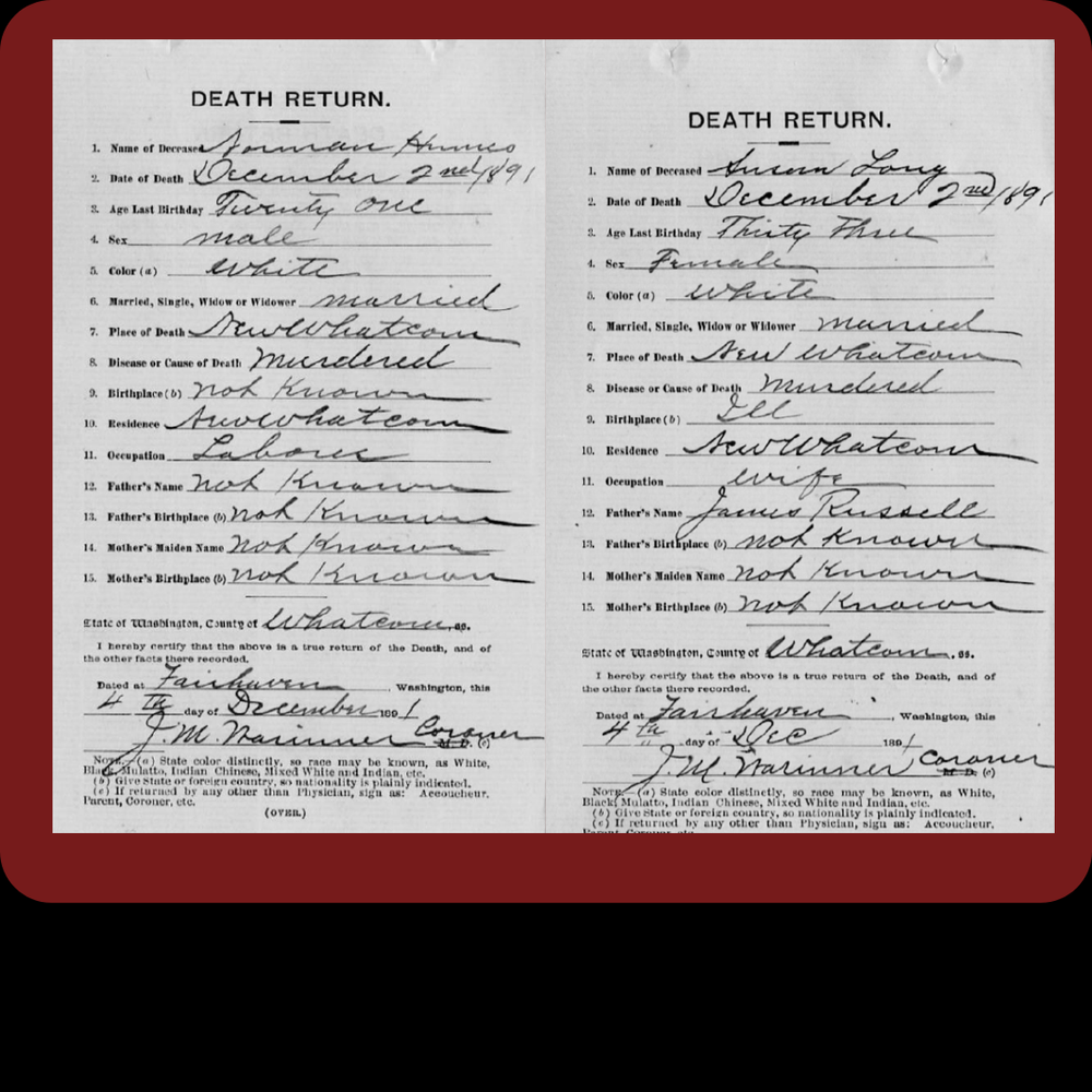 Death records of Norman Hume and Susan Long Dec 1891