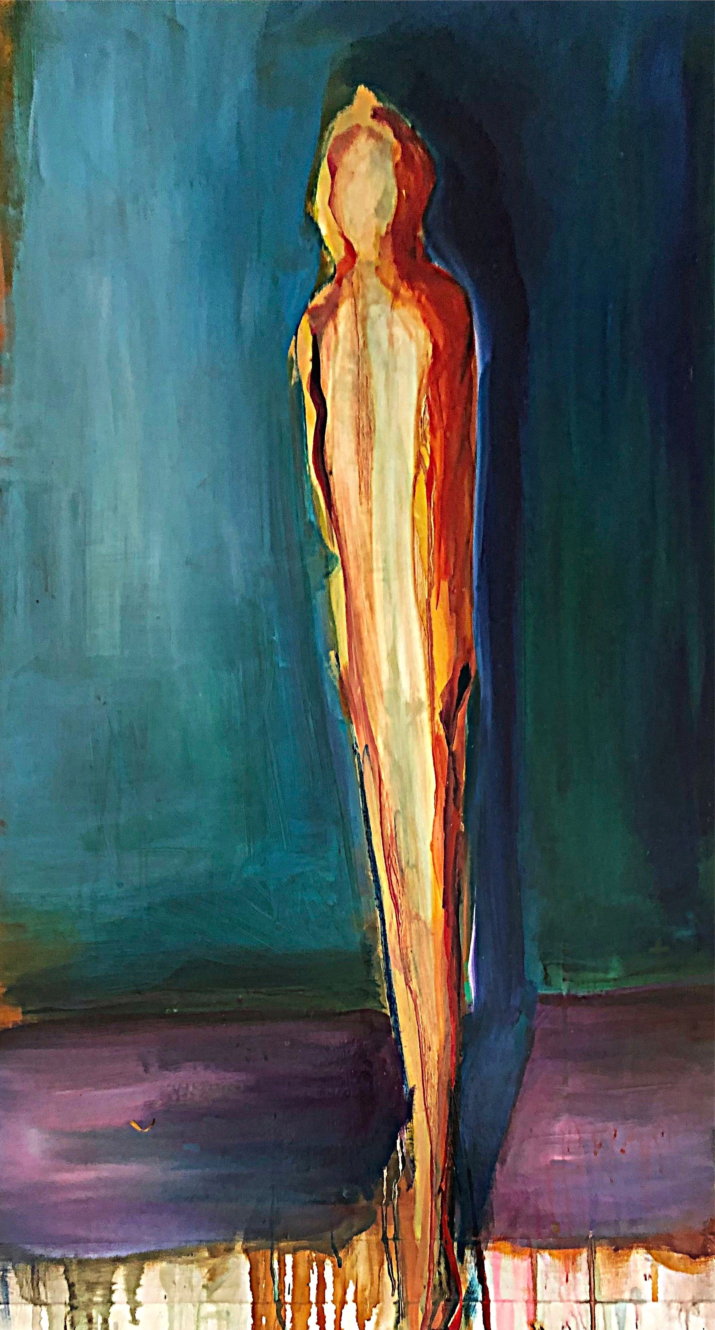  Red Nude in Dark Aqua, oil on paper with tape 