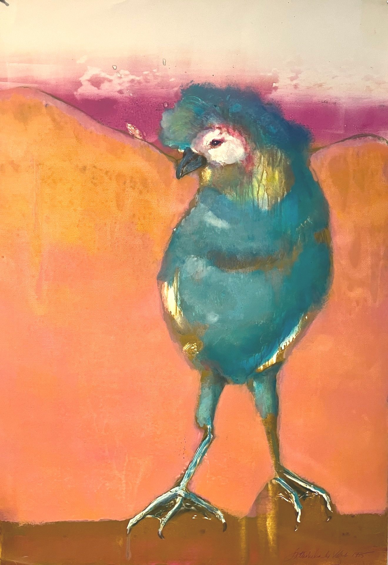 Rooster, Orange, 41" x 29", monotype on paper