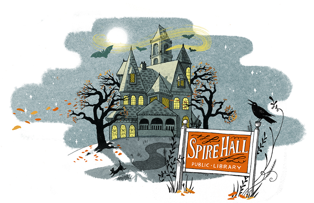 The setting of this spooky story, a library in an old Victorian mansion. 