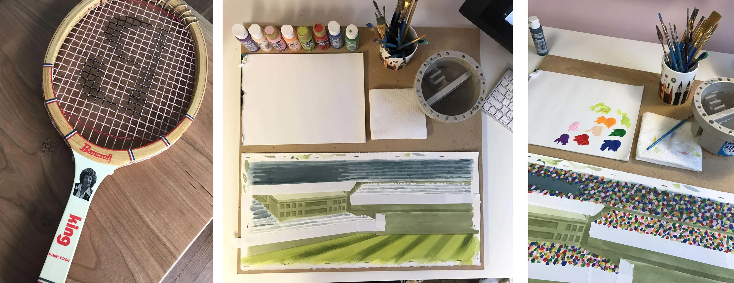 A Billie Jean King tennis racket I fortuitously found at a yard sale and used in many a reference shots. Process on the Billie Jean winning Wimbledon illustration.