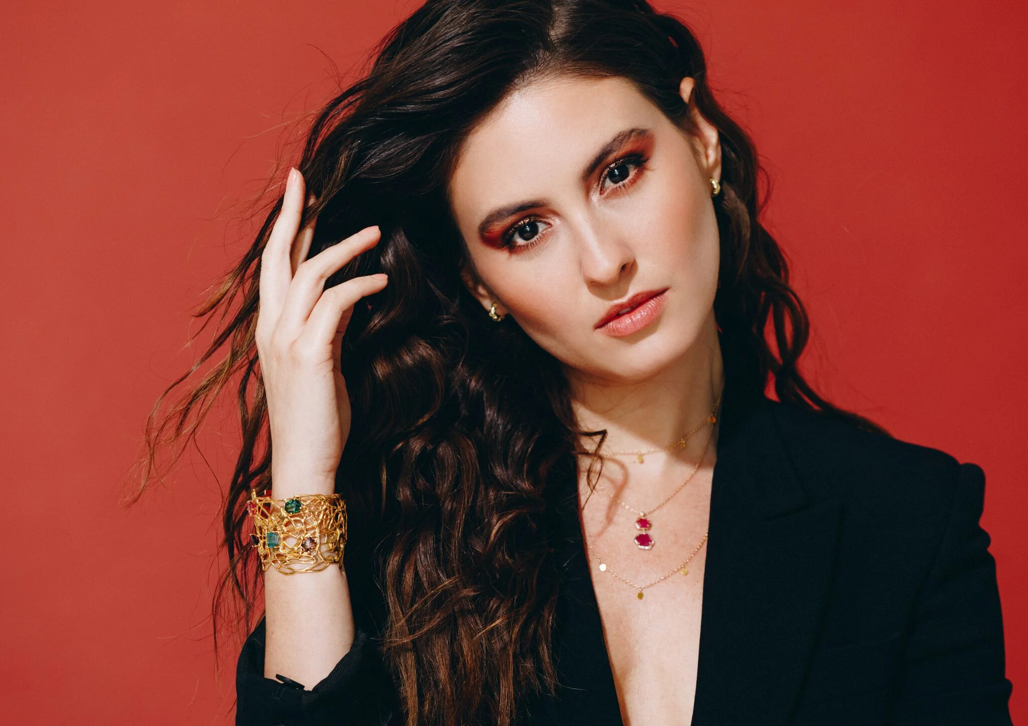 Model Taliana Vargas, featuring our Ruby Slices Necklace, tourmaline cuff by Ariane Zurcher and Grain Chain by Merzatta. 