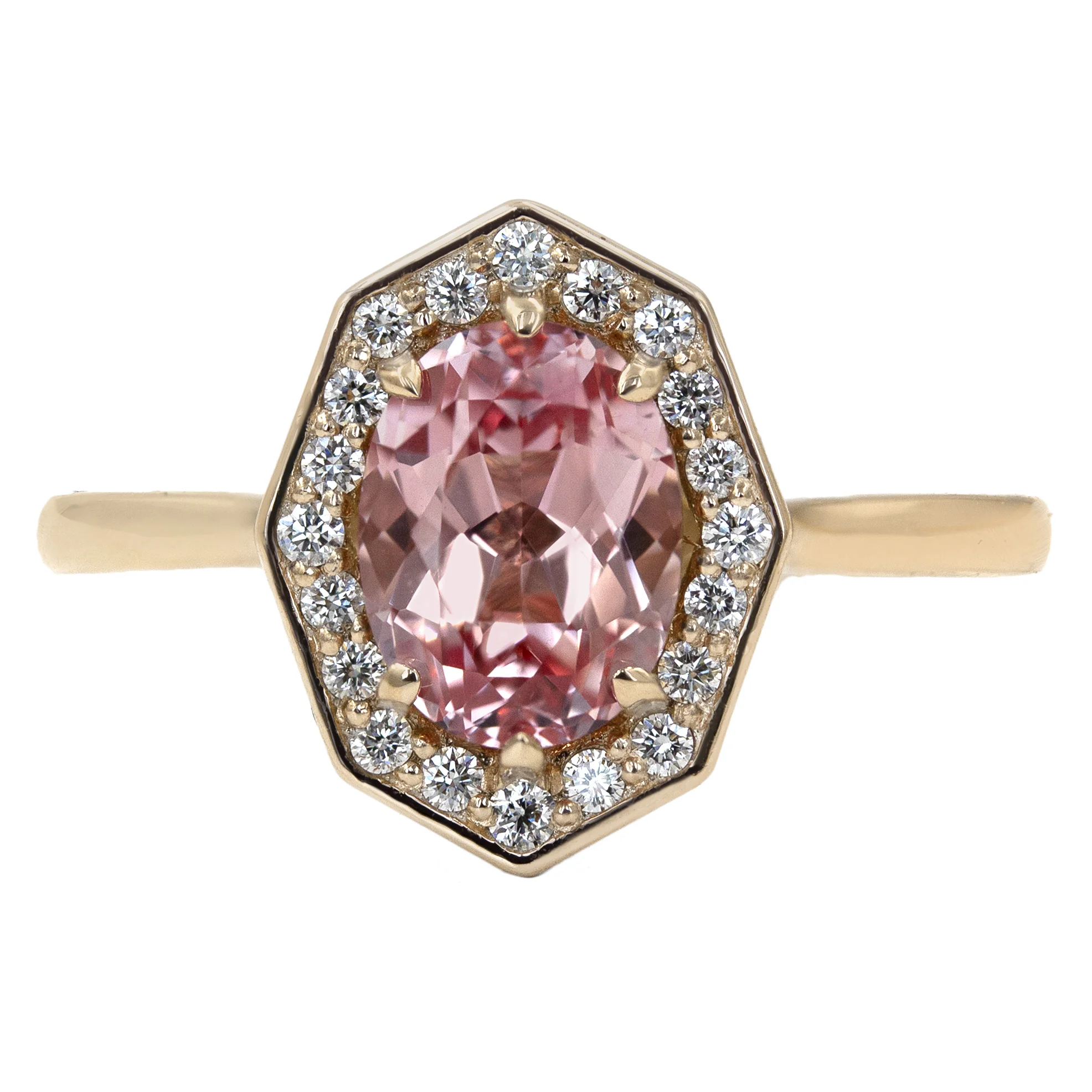 Peach sapphire shield halo in yellow gold.jpg